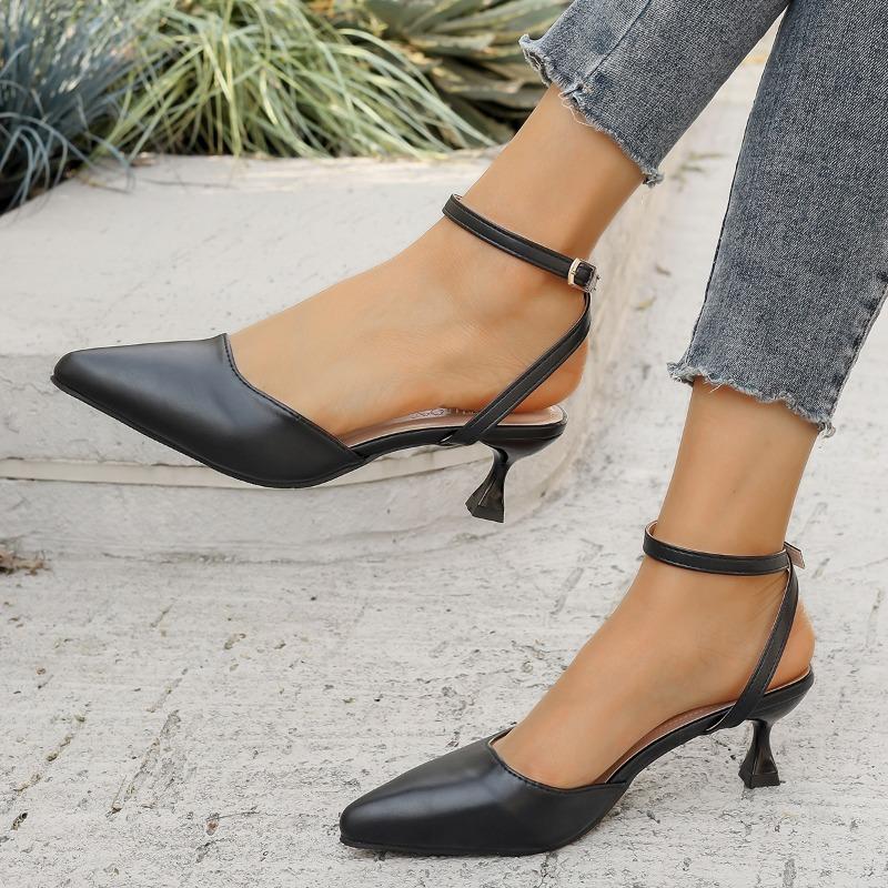 Women's Sandals Summer Shoes Elegant Medium Heels Close Toe Ankle Strap Elegant Green Black White Party Wedding Dance Shoes Lady