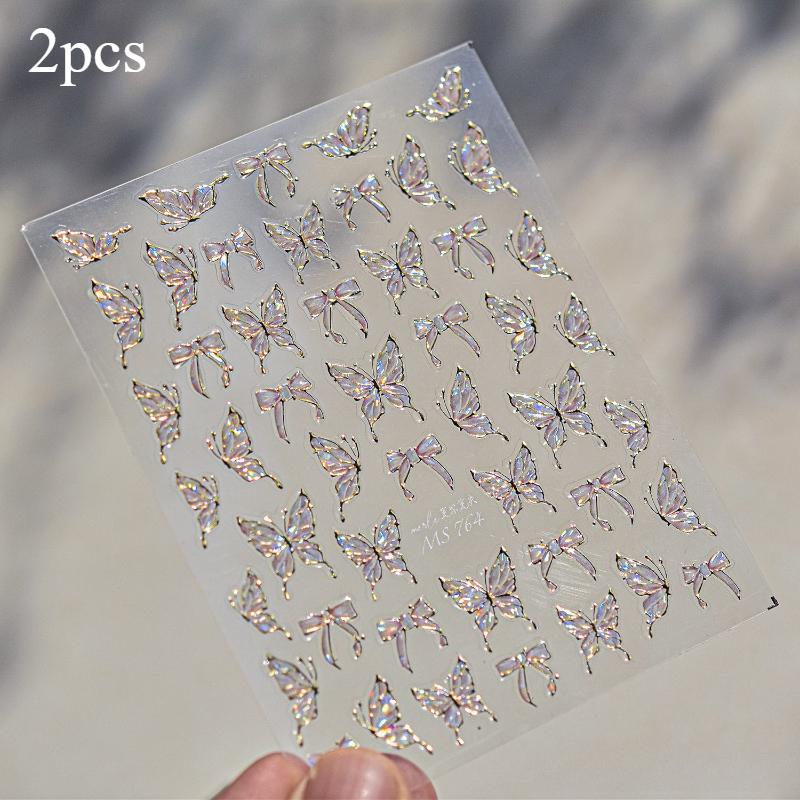 2pcs Exquisite Sparkling Butterfly Nail Art Stickers Thin Hard Plastic for Long-Lasting Manicure Iridescent DIY Decoration