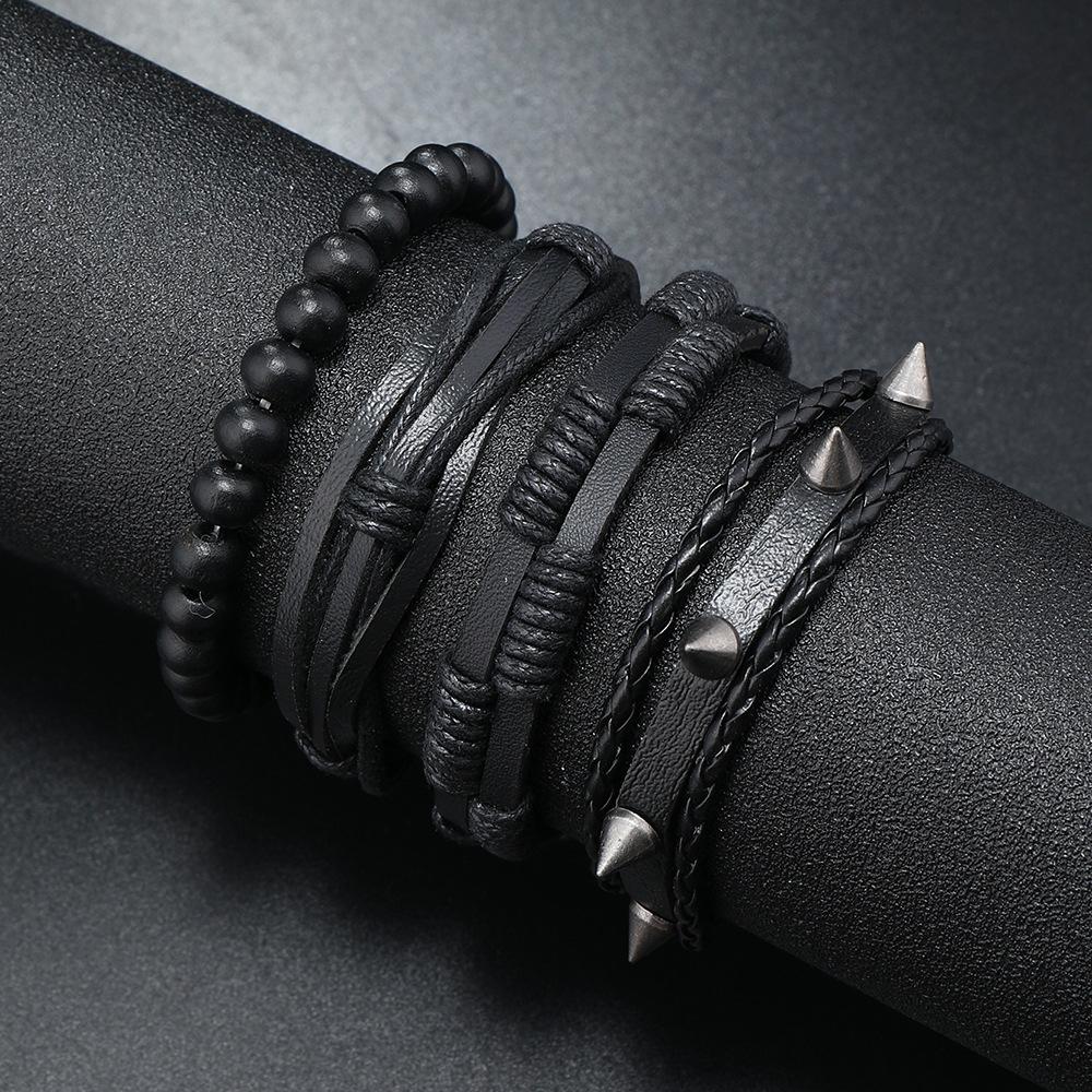 Внешняя торговля трансграничный тренд личности заклепки хип-хоп браслет набор браслетов из деревянных бусин ручной работы кожаный плетеный мужской браслет