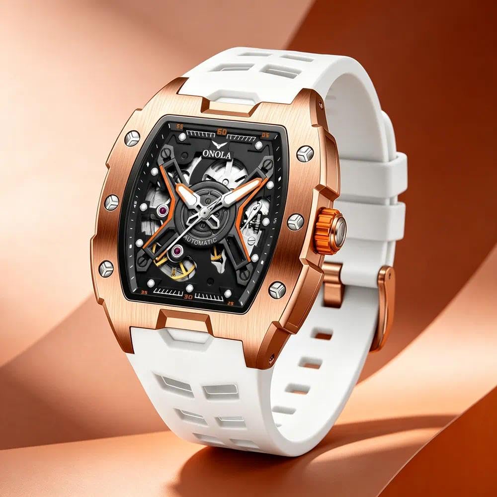 Luminous Skeleton Self Winding Mechanical Watches for Men Tonneau Shape Waterproof Sports Watch Rubber Strap