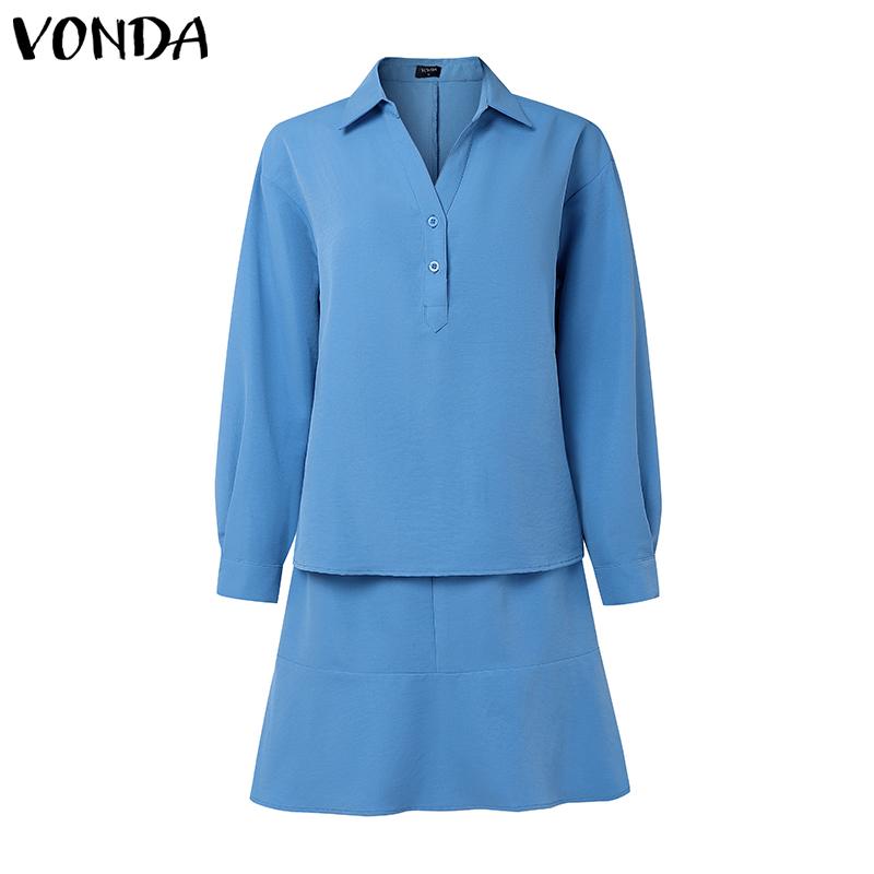 VONDA Two Piece Suit Sets Women Long Sleeve Blouse and Short Skirts Outfits