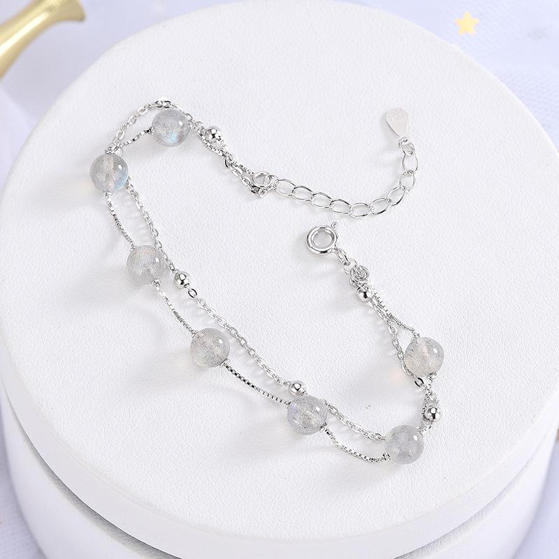 S925 Sterlingsølv Krystall Månestein Dobbeltlags Armbånd Koreansk Stil Skoggrå Månelys Kule Armbånd