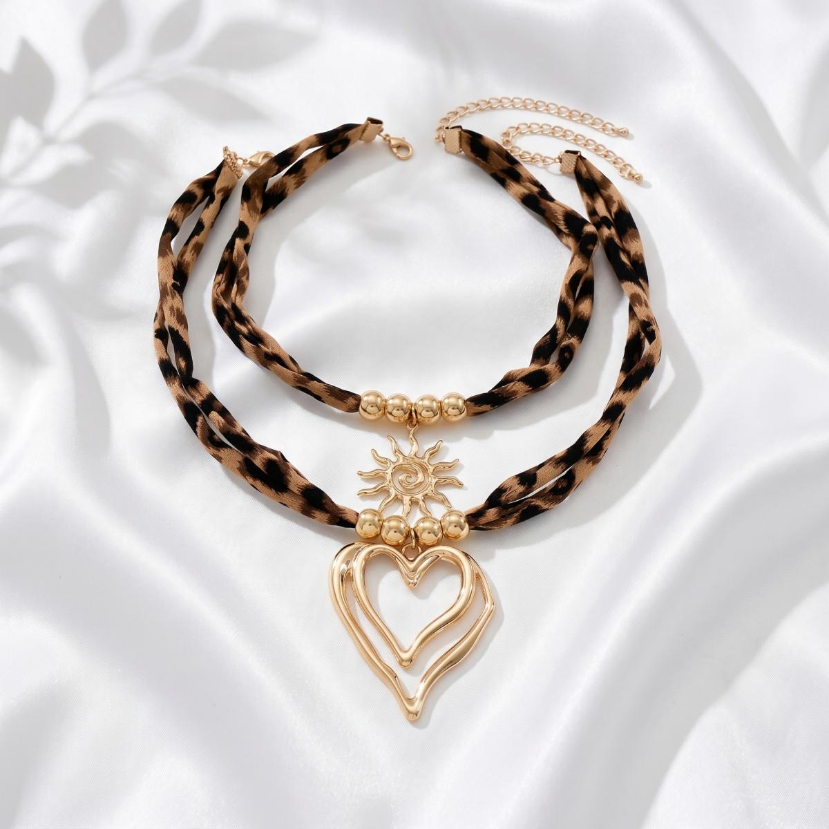 Y2K Layered Leopard Print Choker Necklace With Sun & Double Heart Pendant For Women Streetwear & Casual Wear