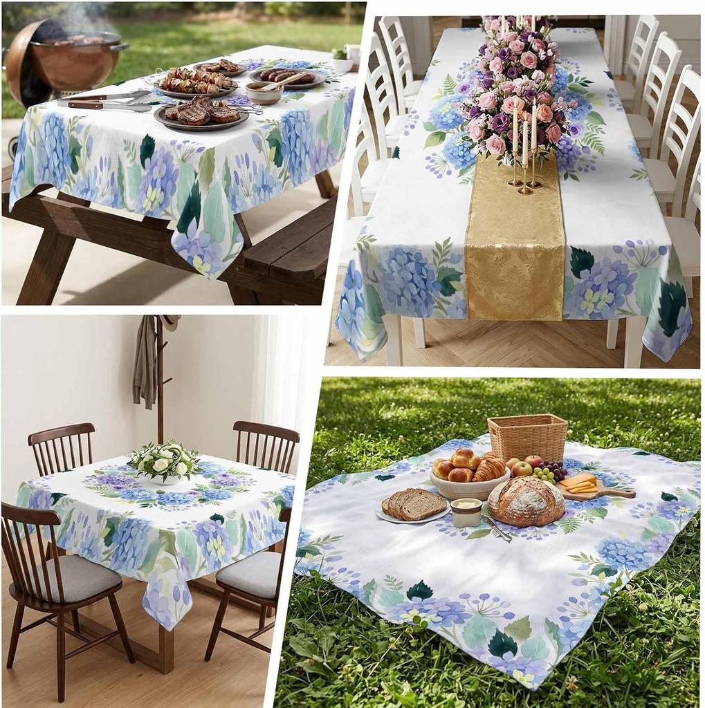 Blue Flower Wreath Tablecloth Waterproof Rectangle Country Watercolor Floral Printed Tables Cover for Dinner Kitchen Party