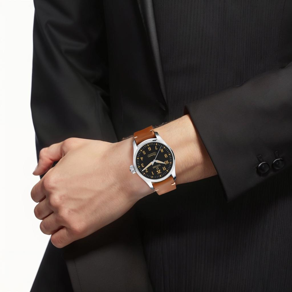 Titoni Pflaumenblüten-Automatikwerk 100m wasserdicht Herrenuhr 43mm schwarzes Zifferblatt Titan Gehäuse Grad 5 Lederarmband 73906 T-ST-723