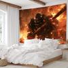 2D Burning Battle Scene Tapestry Armored Fantasy Warrior with Hammer Wall Decor Cloth for Home & Bedroom