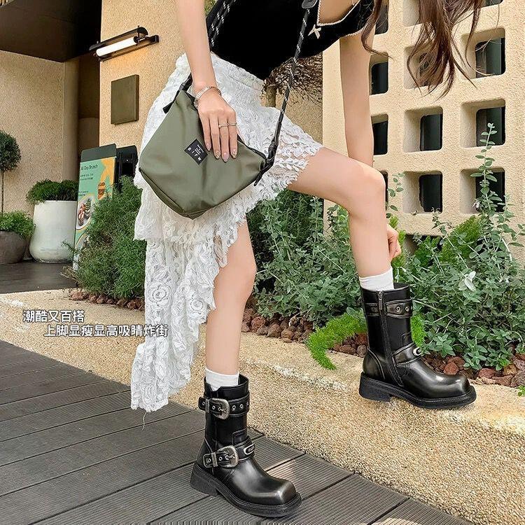 Zhao Zhaoyi's same short boots for women 2025 new cowhide Maillard fashion high-heeled belt buckle knight short boots for women