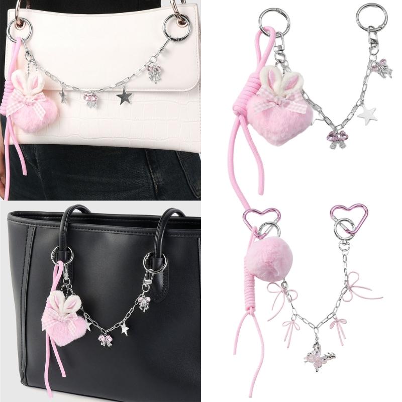 Fashion Bows Keyring Creative Car Key Chain Plush Pompoms Keychain Heart Keyrings Bag Pendant Ornaments Bag Charm