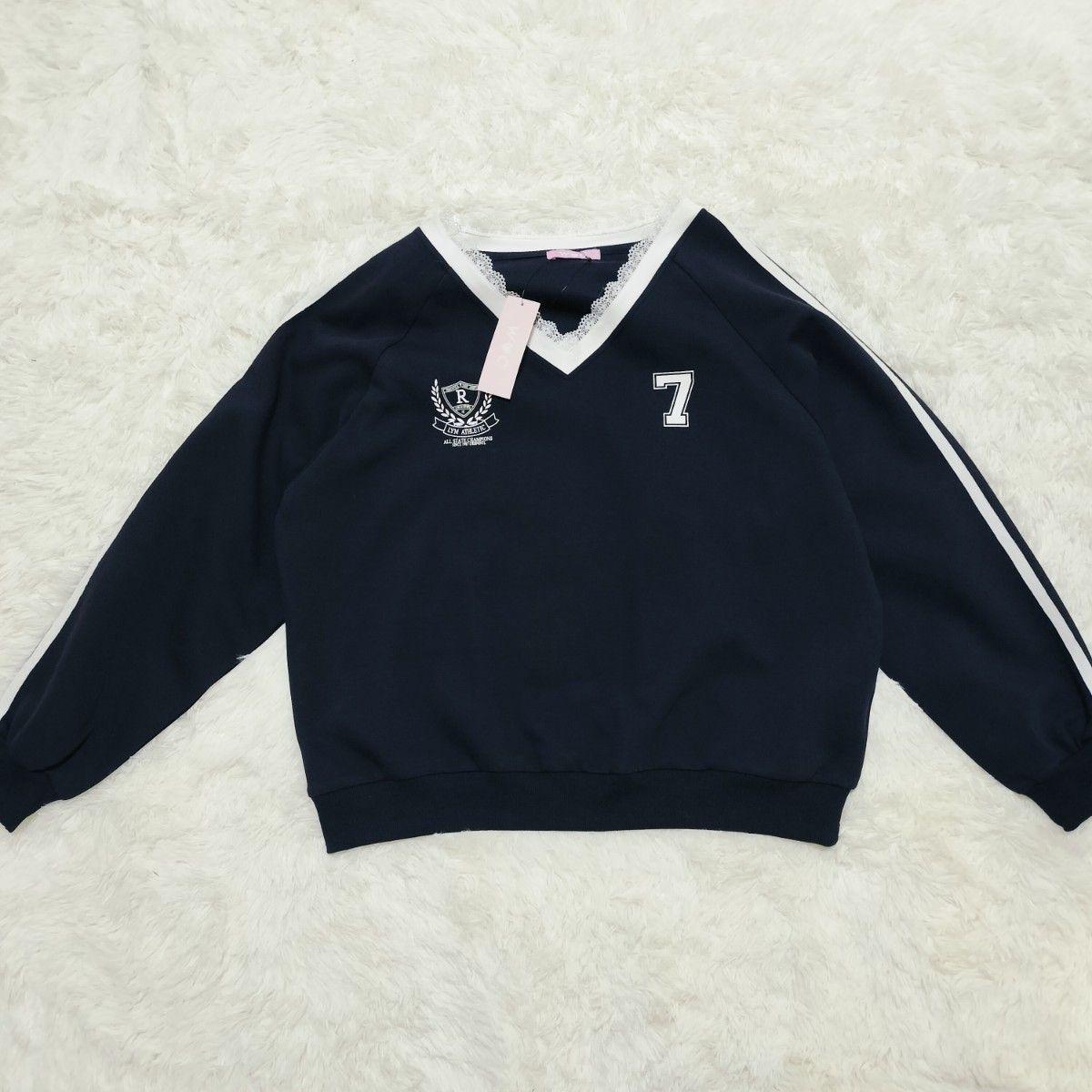 Lace neckline 2 line sweatshirt wc navy WEGO Korean style sweet sweatshirt long sleeve V neck side line logo