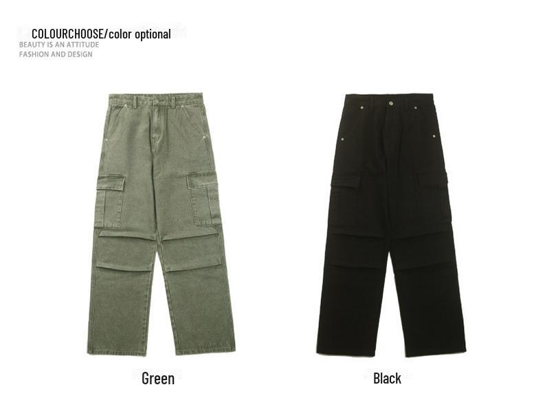 JIAMU Men's Retro High Street Loose Cargo Straight Jeans for Autumn/Winter