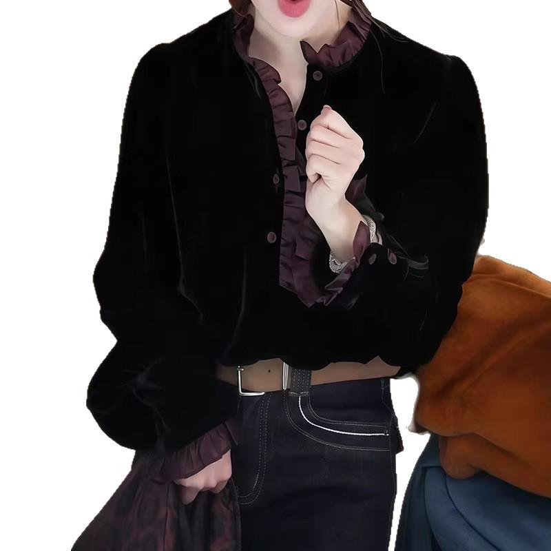 2026 Autumn/Winter Chic Velvet Patchwork Lace Luxury Shirt