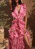 European and American women's clothing summer new French halter elegant printing and dyeing ruffle edge slit dress