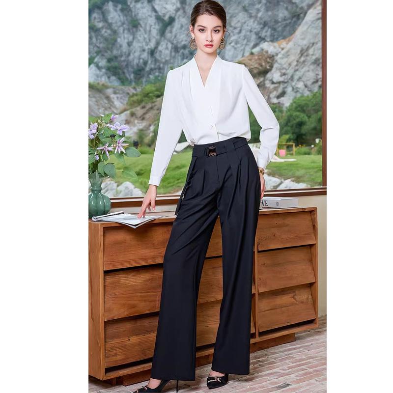 Stylish Long-Sleeve French White Top with Wide-Leg Pants Two-Piece Set for Women