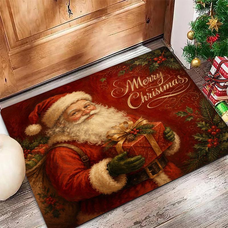 Poinsettia Plaid Christmas Floor Rug Checkered Green Leaf Berry Print Non Slip Carpet For Festive Season Home Entrance