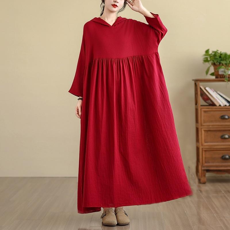 Long Sleeve Plus Size Cotton Vintage Hooded New In Dresses for Women Casual Loose Spring Autumn Dress