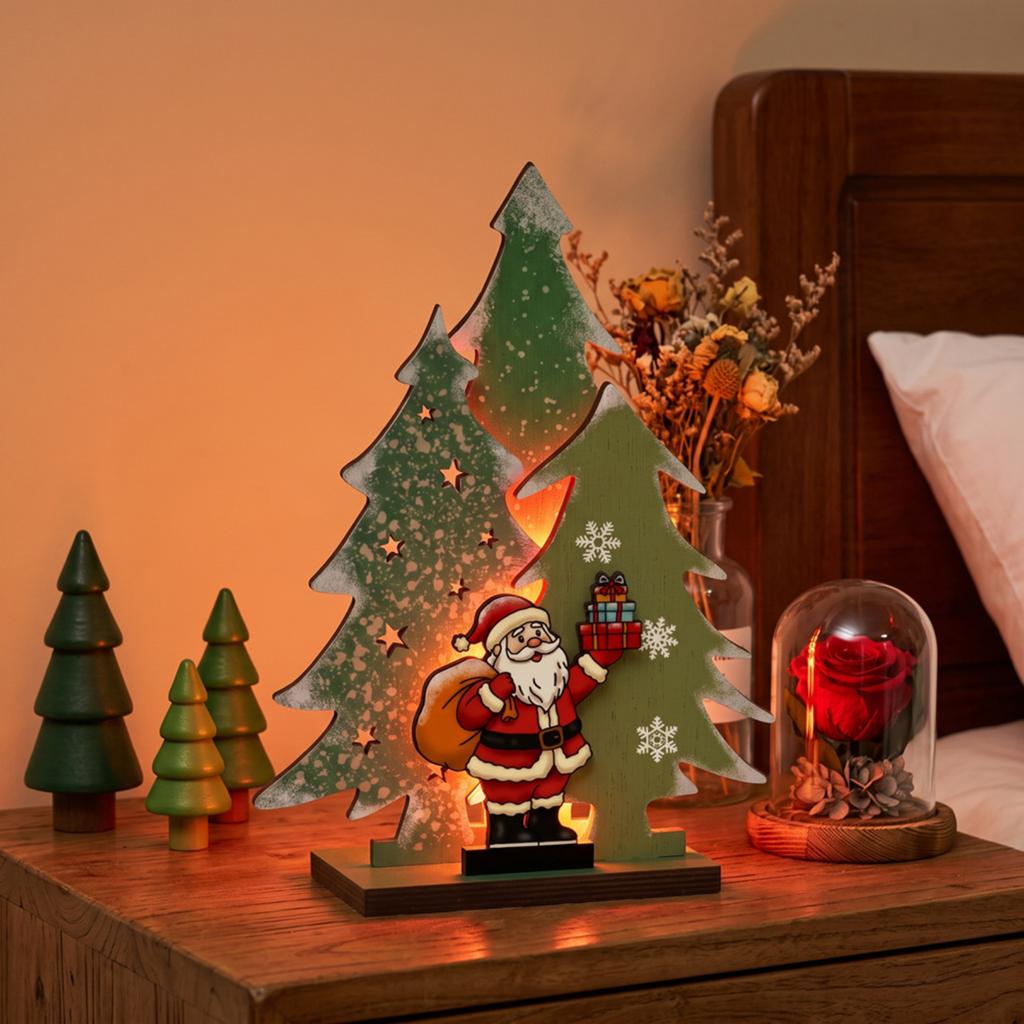 Lighted Christmas Tree Tabletop Decoration with Wooden Holiday Display for Festive Home Party Decor