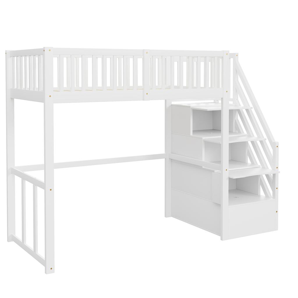 Letto a soppalco 90x200 con scala di sicurezza e contenitore, struttura del letto in legno massello di pino per bambini e adolescenti, bianco