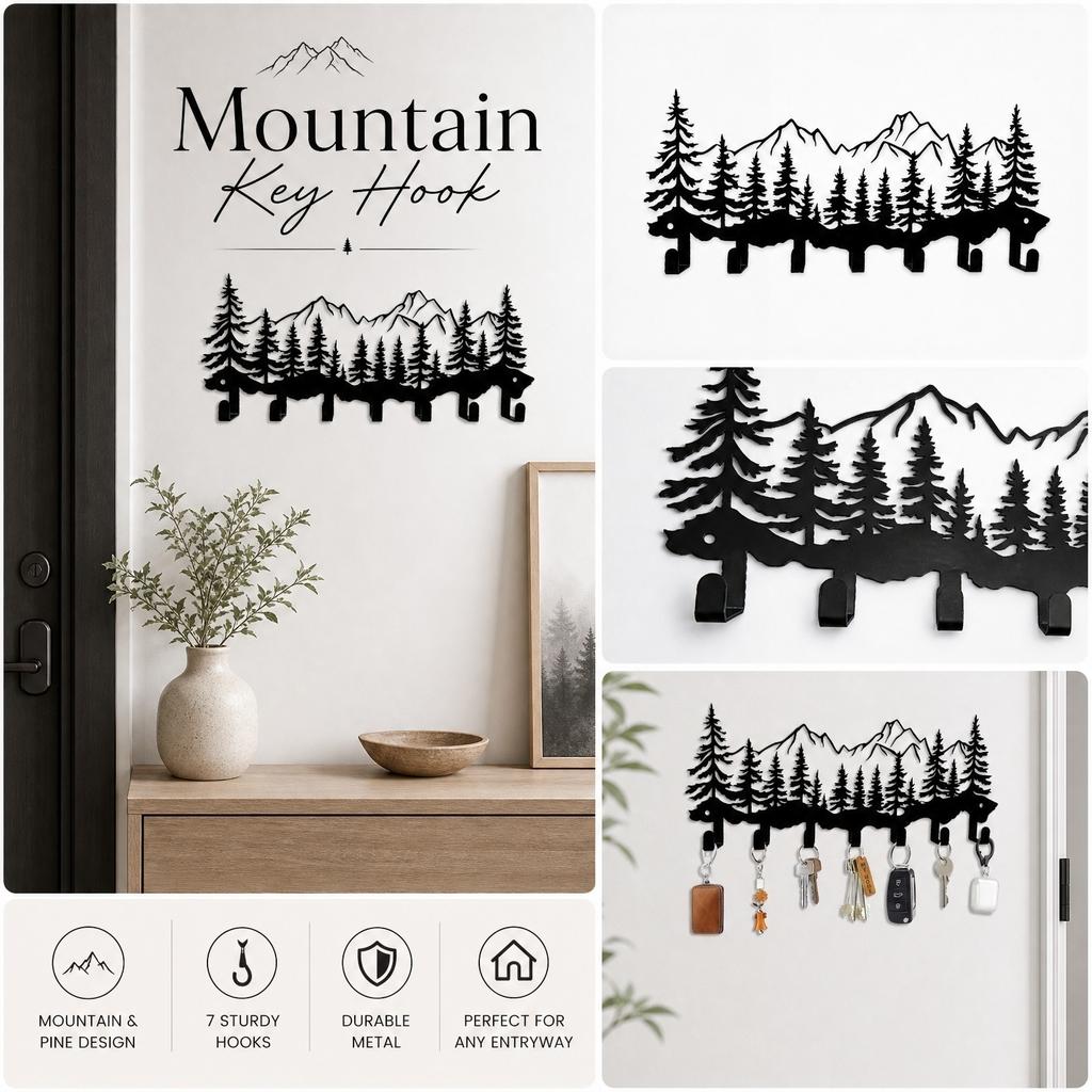 Metal Wall Mount Key Holder Rack with Mountain and Tree Design Multiple Hooks for Entryway Organization and Home Storage