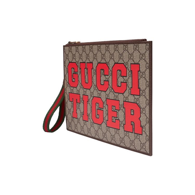 Gucci Monogram Logo Letter Print Striped Wristband Canvas And Leather Clutch Men clutch Ebony Brown 688378-US7DC-9395