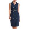 Summer Sleeveless Bodycon Midi Dress for Women Lapel V Neck Double Breasted Office Work Dress with Belt Suit Dress