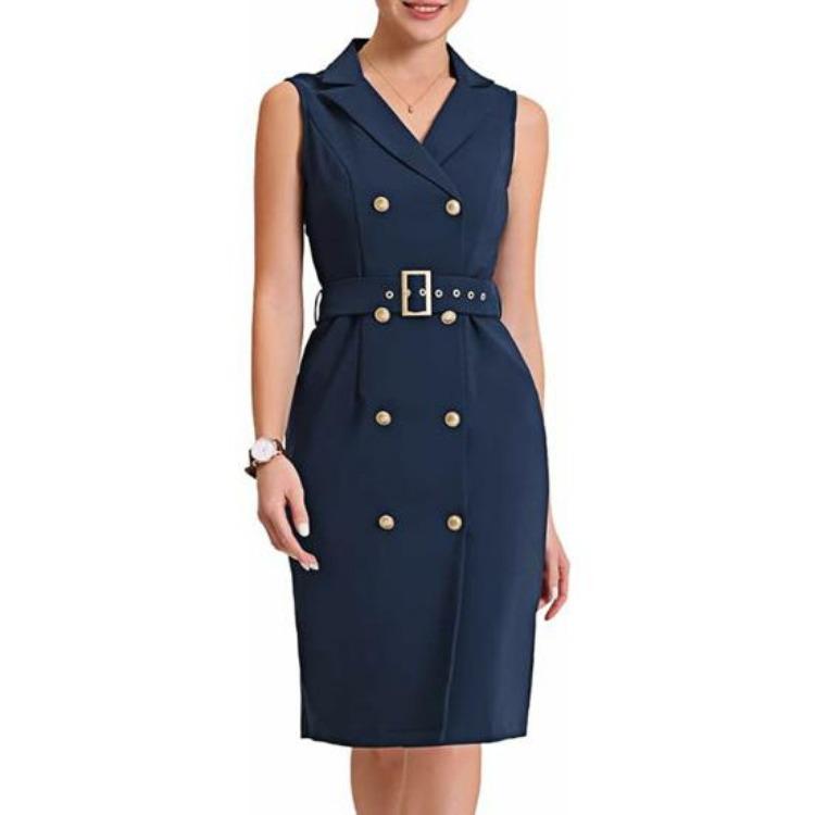 Summer Sleeveless Bodycon Midi Dress for Women Lapel V Neck Double Breasted Office Work Dress with Belt Suit Dress