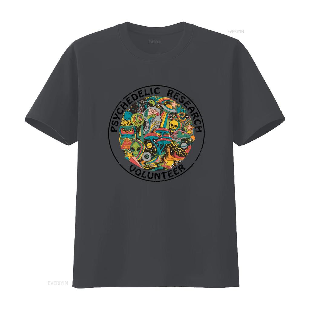 Psychedelic Research Volunteer T Shirt with Magic Mushroom Alien Skull More Cool s Unique Trippy Design vintage Washed