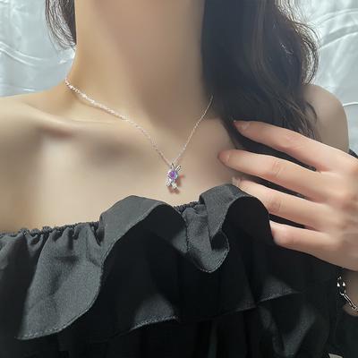 Girly Style Niedliches Kleines Kaninchen Mondstein Halskette Xiaohongshu Diamant Tierkreiszeichen Kaninchen Anhänger Schlüsselbein Kette