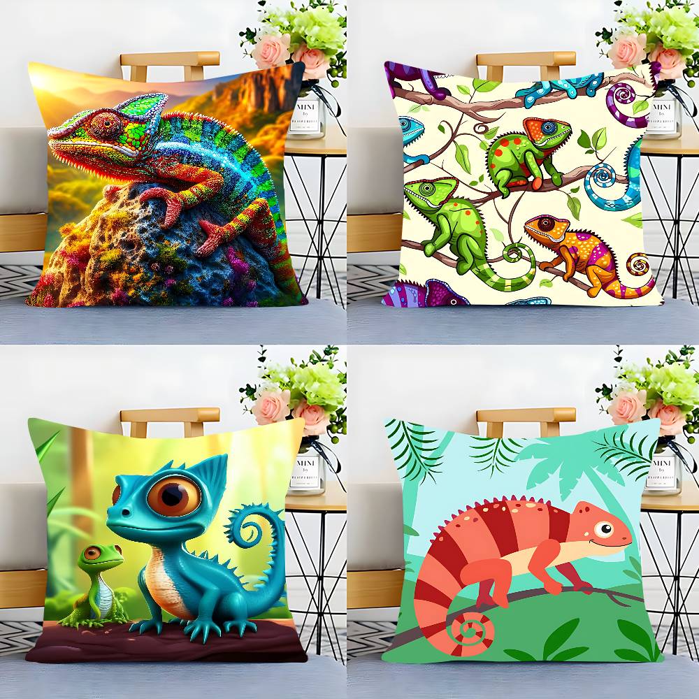 Cartoon Chameleon Lizard Pillow Case Removable Washable Cushion Cover – All-Season Soft Linen