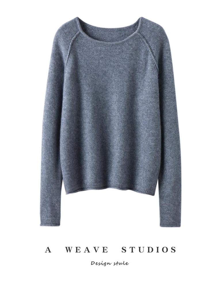 Women's High-End Cashmere Raglan Sleeve Pullover with Rolled Hem for Autumn/Winter