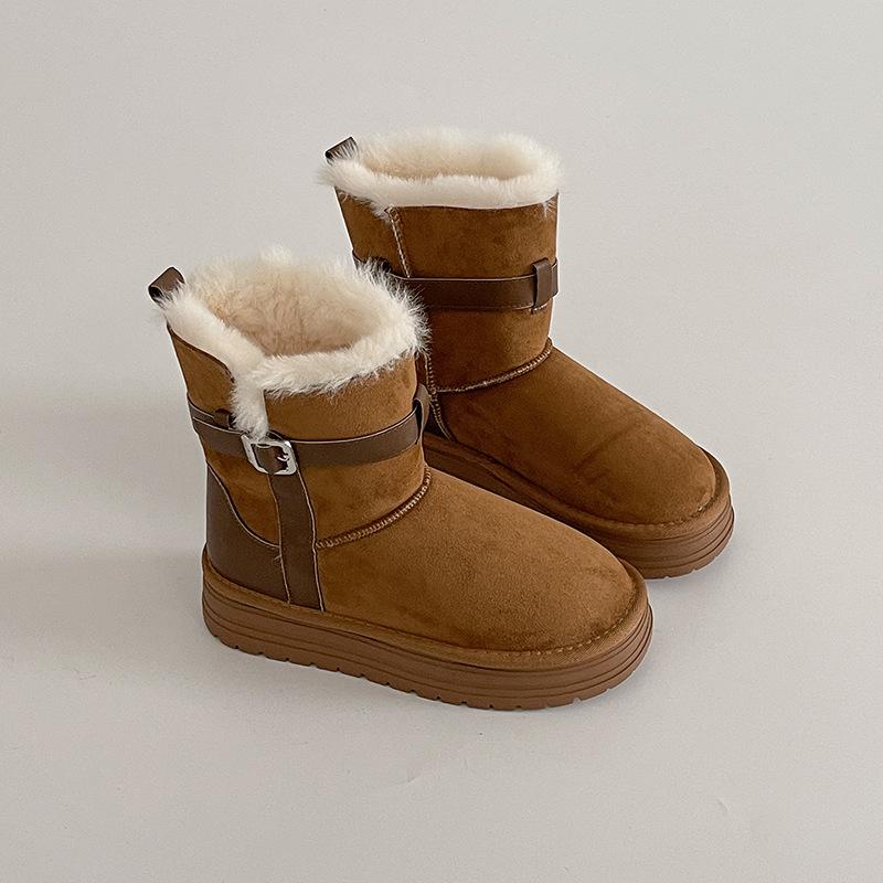 Design sense with skirt round head thick sole belt buckle Martin boots winter fashion retro velvet warm flat bottom snow boots