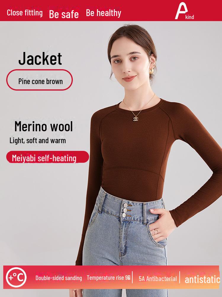 Women's Autumn/Winter Slim Fit Long Sleeve Wool Plus Velvet Top with Round Neck