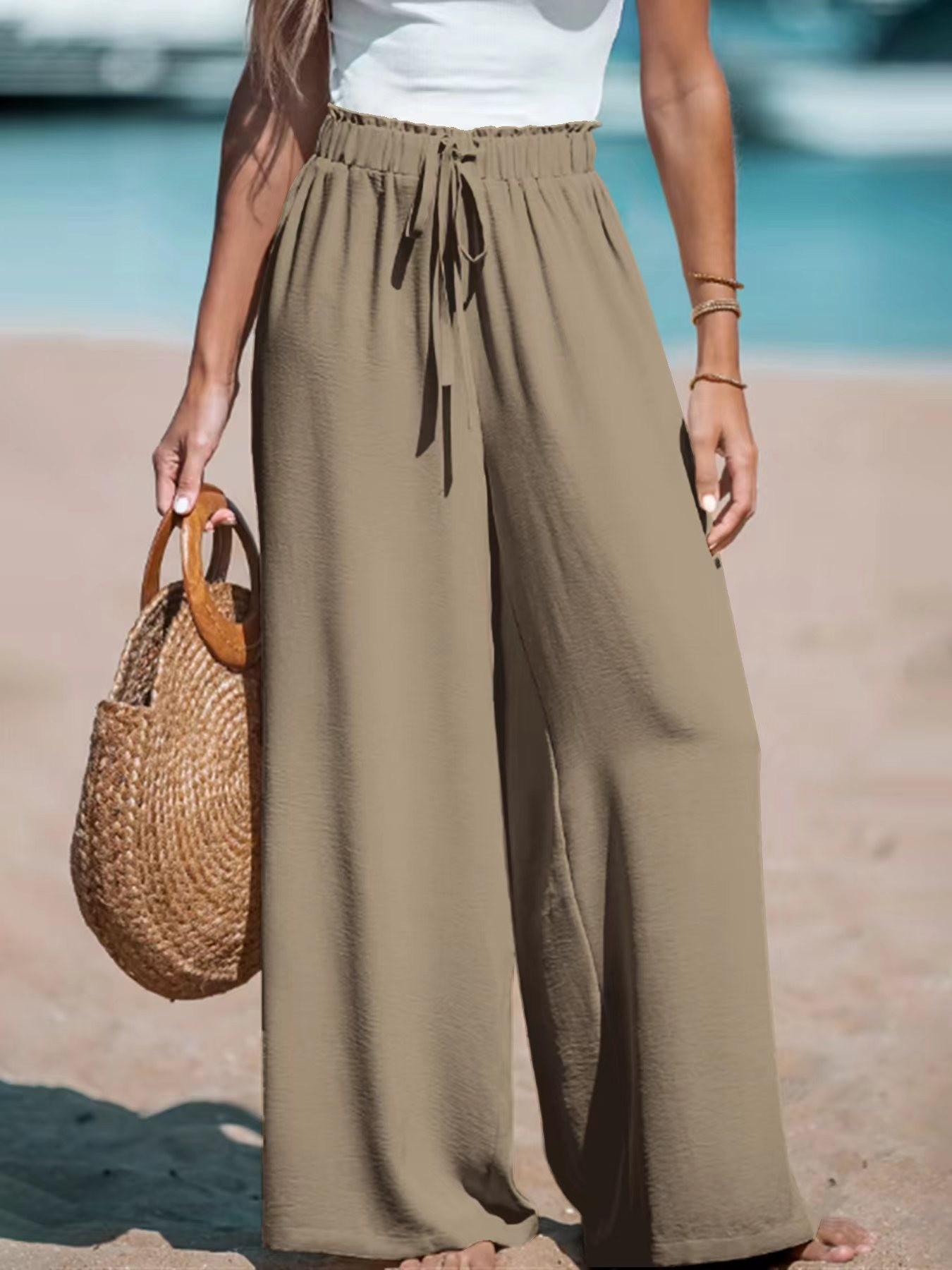 

Women High Waist Wide Leg Pants Elastic Waist Loose Fit Drape Trousers Wrinkle Free Breathable Casual Summer Pants XL хаки