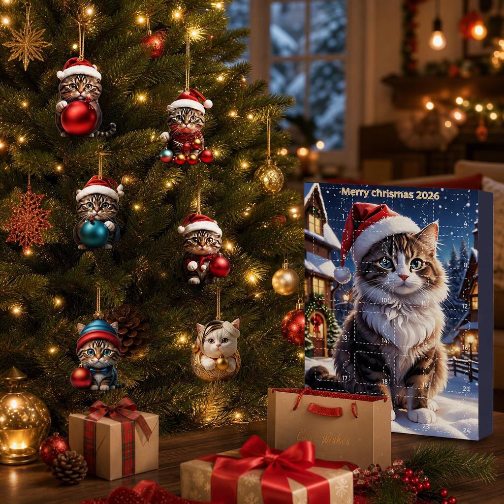 2026 Christmas Countdown Calenda, 24 Acrylic Cartoon Kitten Christmas Tree Ornament,Holiday Gift for Christmas