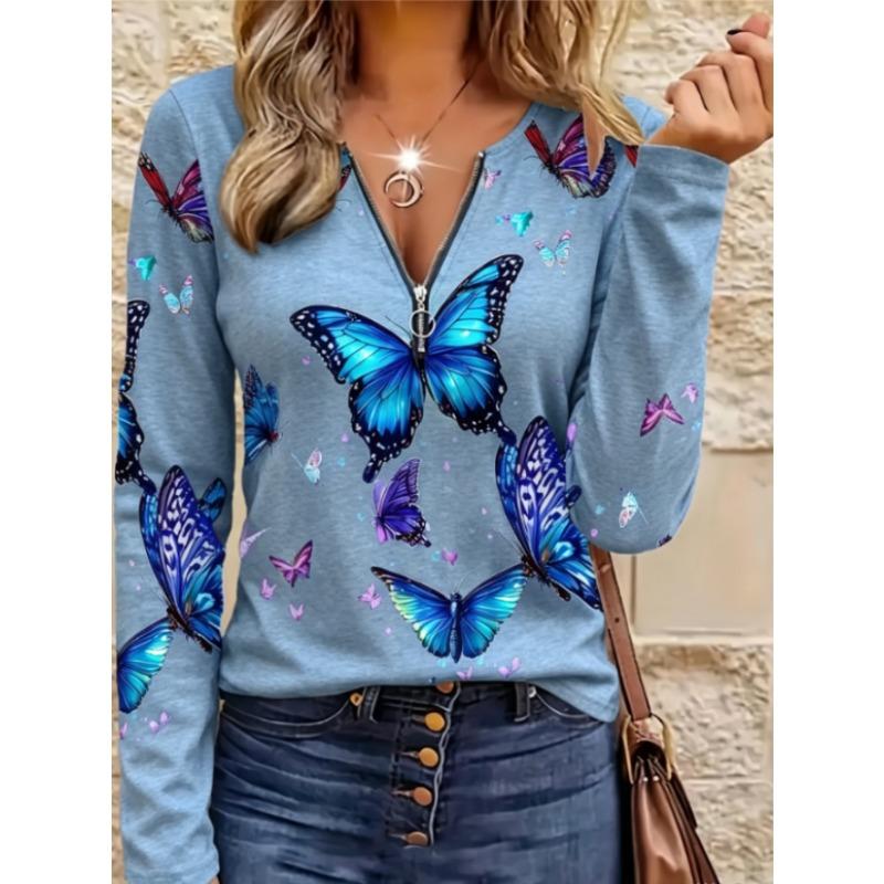 Women's Elegant Butterfly Print Round Neck Long Sleeve Top - Vibrant Digital Art Design