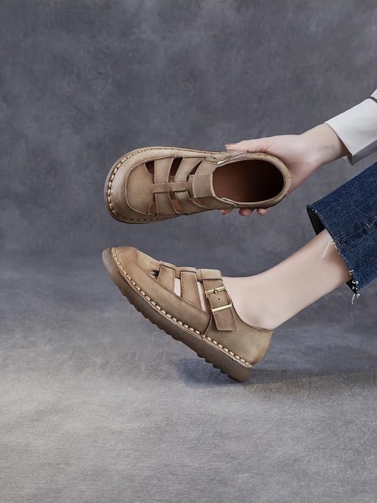 Johnature Genuine Leather Retro Round Toe Sandals Hollow-out Breathable Versatile Women's Flat Shoes