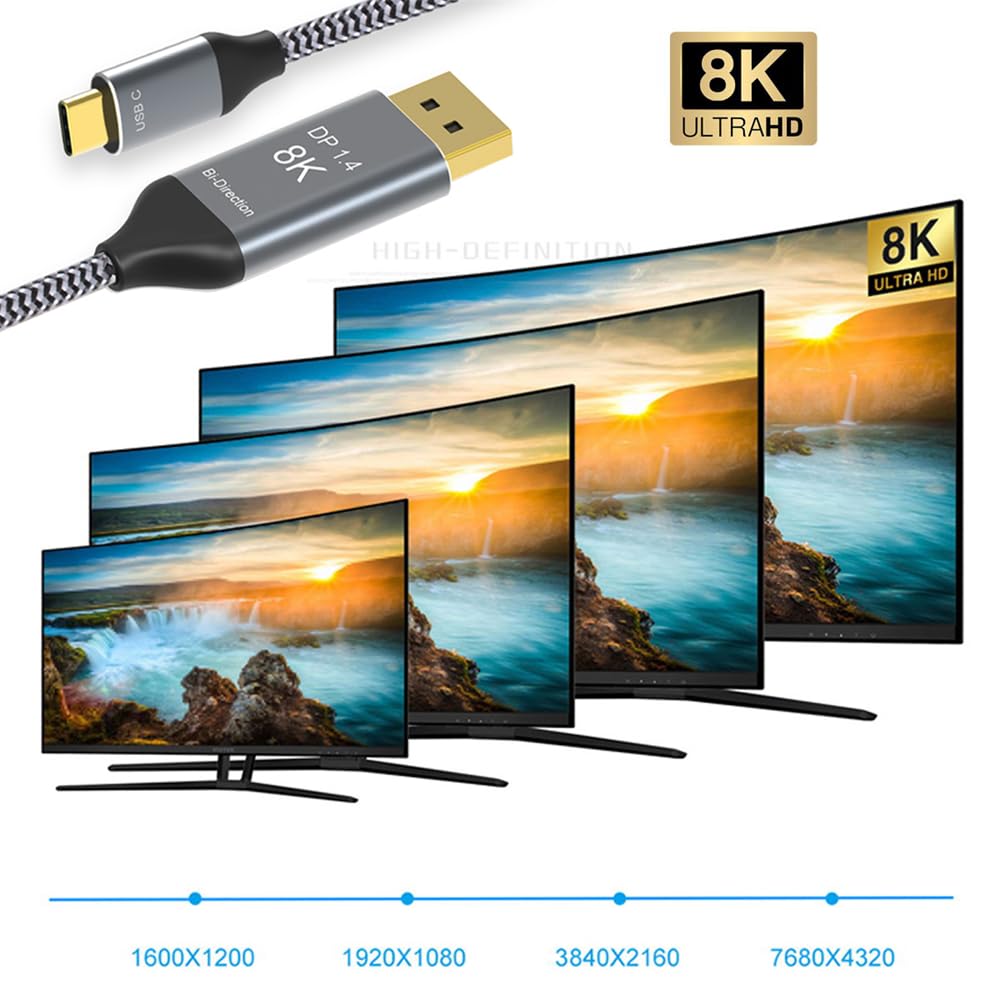 Cablecc Reversible HDTV DisplayPort DP Source To USB Type C To Display Male for Laptop 8K@60Hz Cable, 3.1 USB-C Monitor, 1.8m