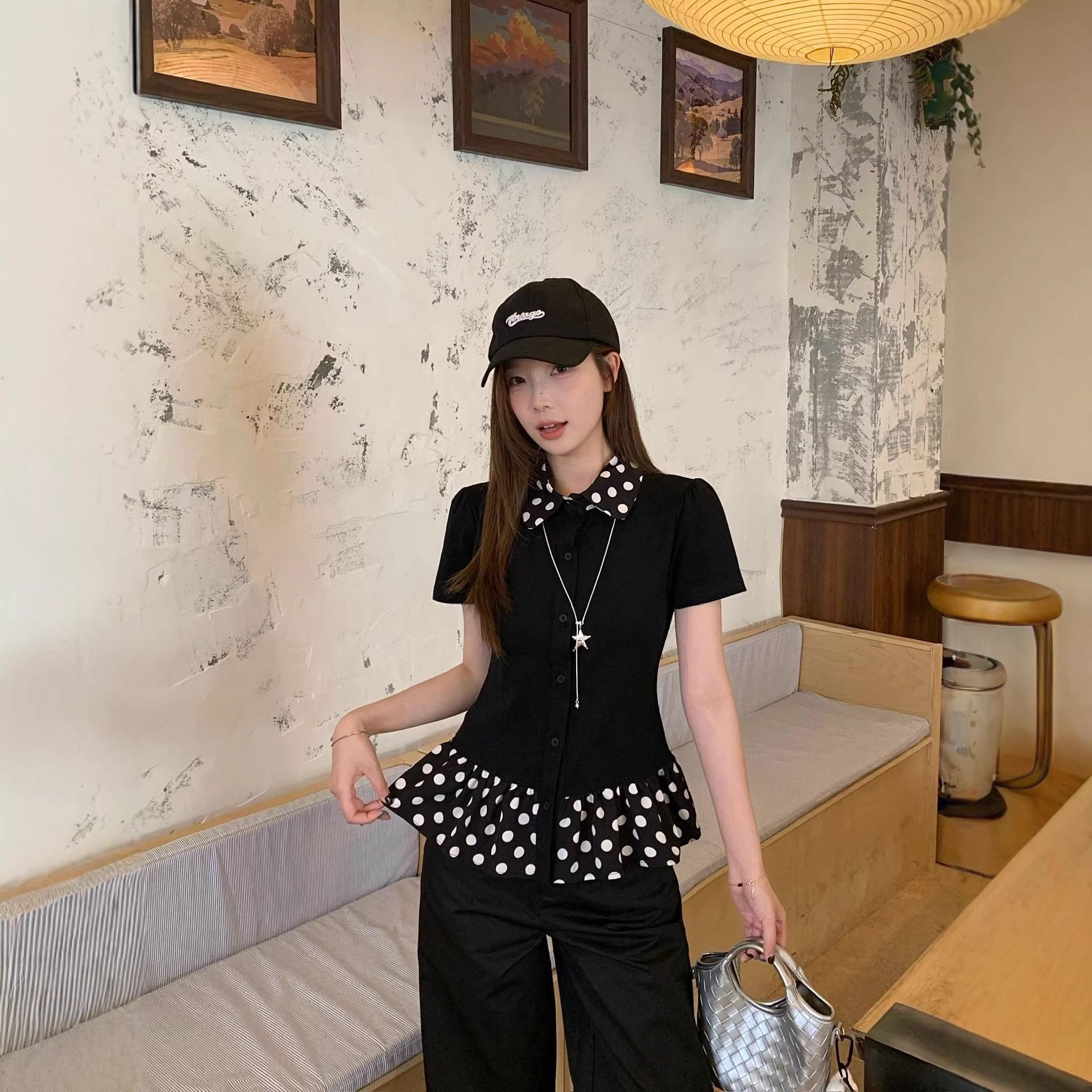 

Plus Size Black Polka Dot Doll Collar Short Sleeve T-shirt L чёрный