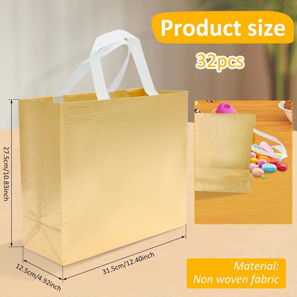32 Stück Wiederverwendbare Geschenktüten Mehrzweck Wasserdichte Aufbewahrungstasche mit Henkeln Goldene Metallic Glitzernde Taschen für Geburtstags- Hochzeitsfeiern