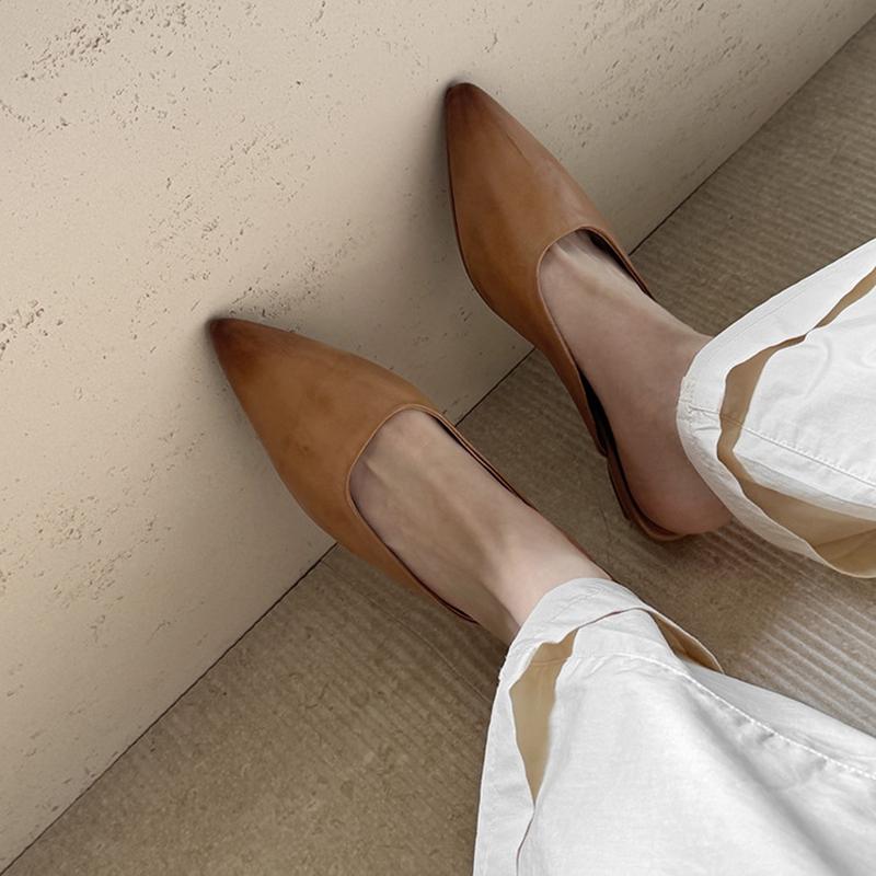 Fashion NEW Summer Women Mules Genuine Leather Shoes for Women Pointed Toe Low Heel Slippers Concise Cover Toe Slingback Black Sandals