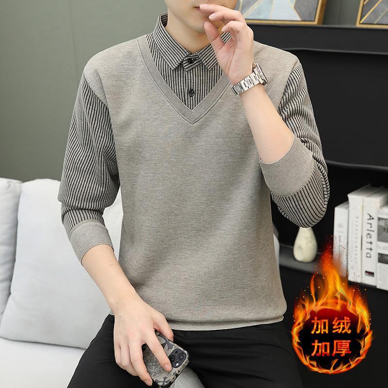 Men S Fake Two Piece Shirt Collar Fleece Striped Casual Sweater