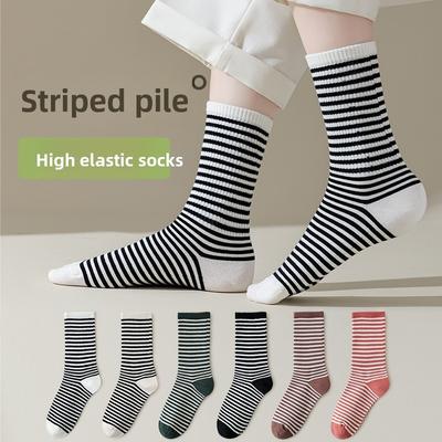 Frühlings- und Herbst-Baumwoll-High-Top-Socken, Trendige und vielseitige Mid-Top-Socken, Damen-Streifen-Frotteesocken
