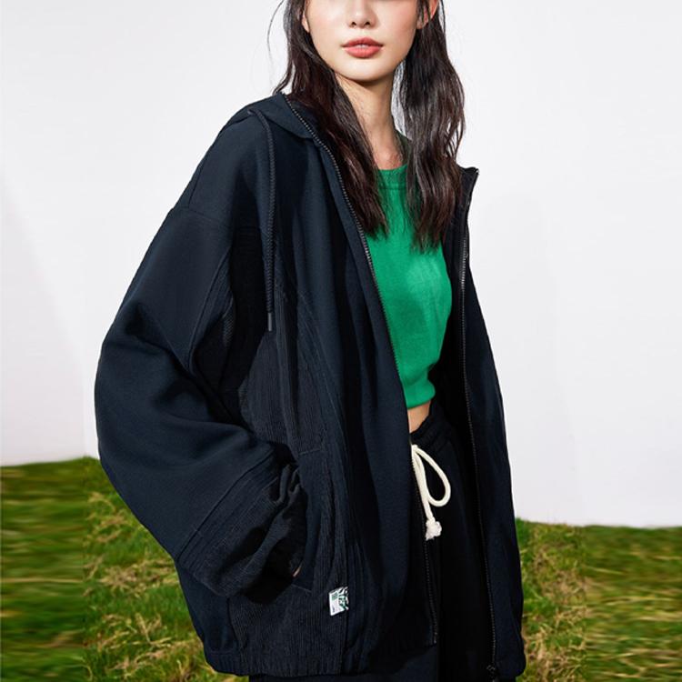 Anta Knitted Hooded Cardigan Sports Jacket Women outerwear Basic-Black 162317706-2