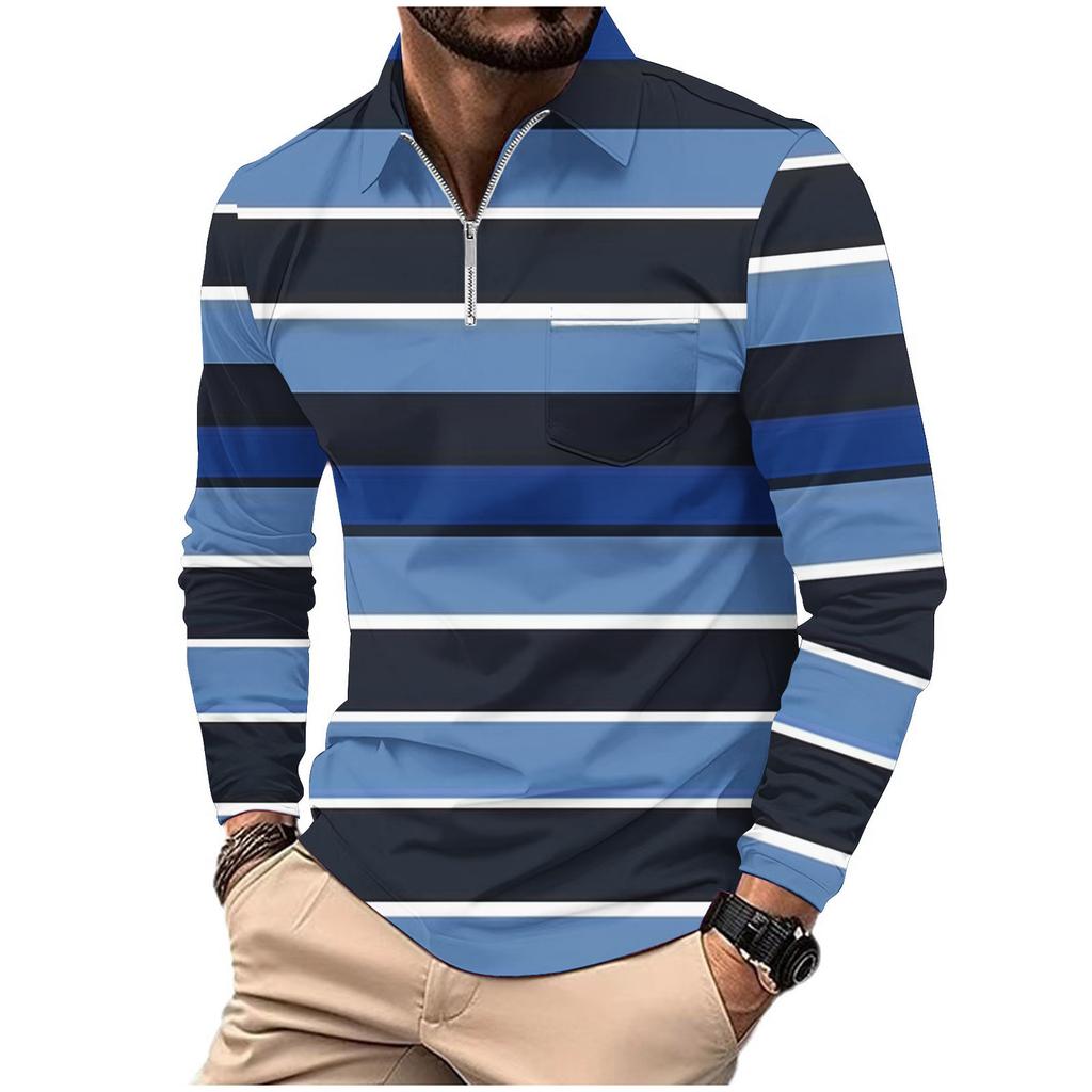 Fashion Polo Shirt Men's Printed Long Sleeve Zip Pocket Sports Polo Shirt Men's Striped Sweatshirt