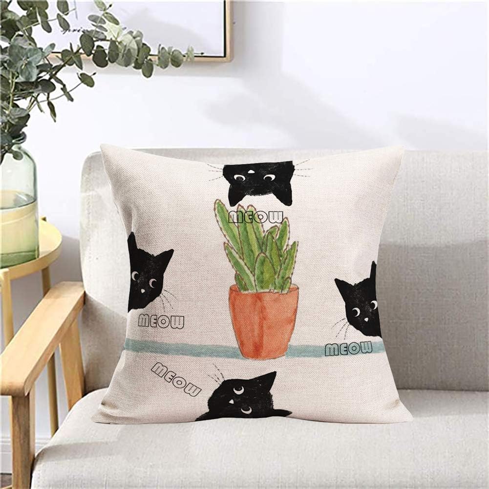 4 Pcs Pack Black Cat Meow Pillow Covers Decorative Tropical Succulent Plants Palm Leaves Green Leaf With Cat Animal Throw
