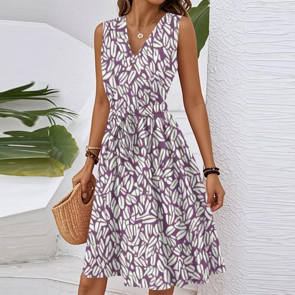 Women's Spring Summer Casual V Neck Sleeveless Waist Floral Print Midi Dress