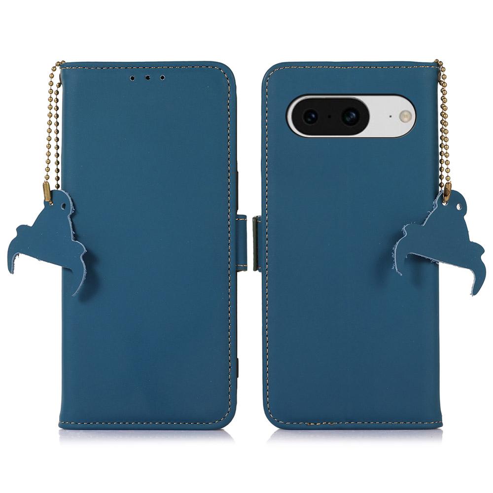 

For Google Pixel 8 RFID Blocking Wallet Genuine Cow Leather Phone Case Shockproof Stand Cover Blue