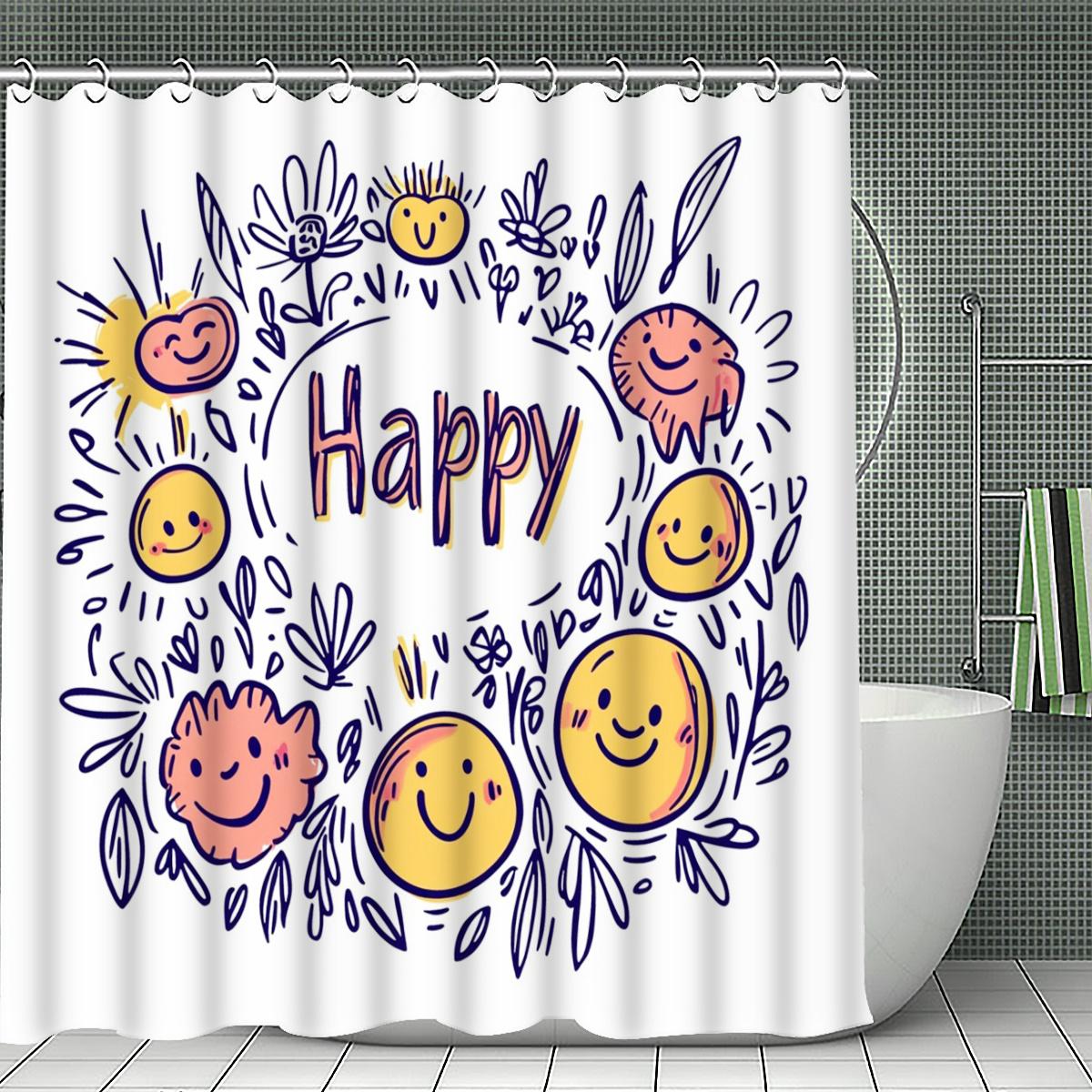 

Happy Face Floral Shower Curtain 1Pc With 12 Hooks For Bathroom Home Decor Polyester 2D Flat Print 70.8X70.8 Inch W60H190(CM)-1 Pcs