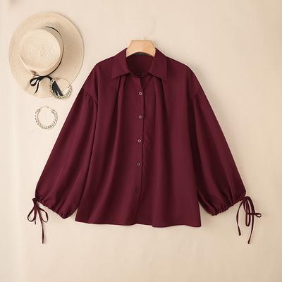 Women Turn Down Collar Loose Long Sleeve Solid Blouse