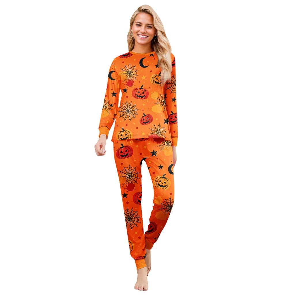 Family Matching Halloween Print Pajama Set Long Sleeve Top and Pants for Mom and Kids