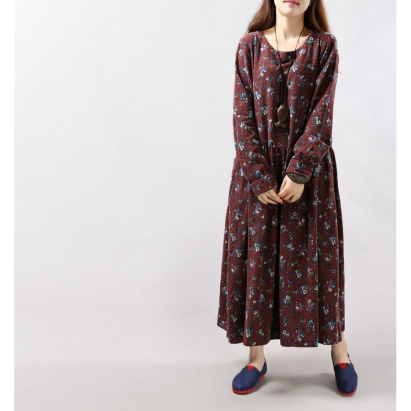 Spring Women's Cotton and Linen Floral Long Sleeved Dress